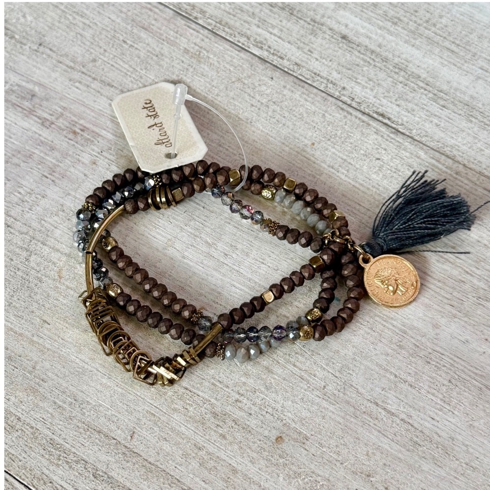 Altar'd State Beaded Stretch Bracelet Set Grey Bronze Tassel Coin Charm NWT